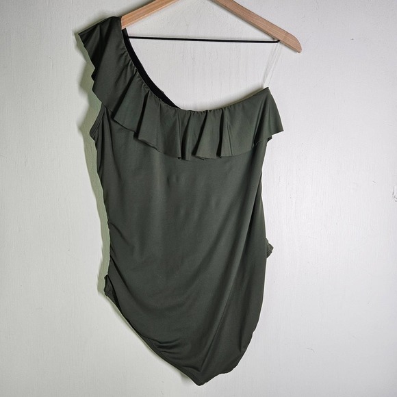 Hilor‎ One Shoulder One Piece Swimsuit 16 Olive Green Asymmetrical Ruffle - Picture 6 of 12